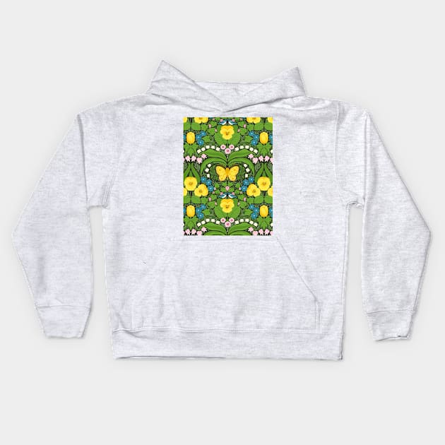 Dollhouse garden, Yellow pansies, birds and butterflies Kids Hoodie by katerinamk